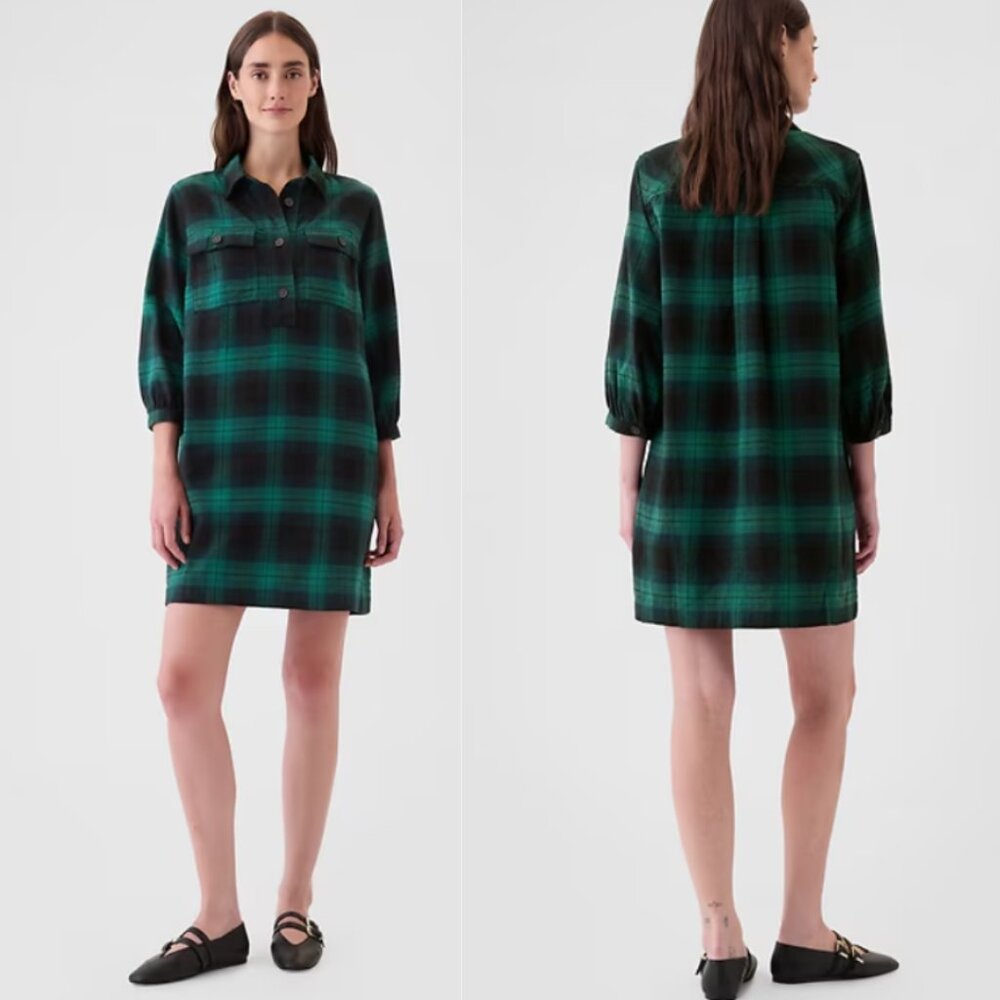 GAP Flannel Utility Mini Shirt Dress NWT in Green & Navy XS
